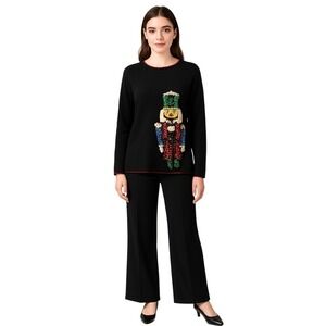 The Quacker Factory Women's Sweater Sequin Nutcracker Black‎ Knit Holiday 1x
